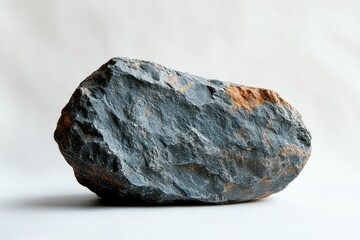 Poster - A large, dark gray rock with rough texture and patches of orange-brown sits on a white background.