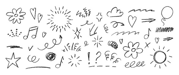 Aufkleber - Set of doodle hand drawn elements for kids with crayon or pastel texture. Arrows, clouds and flowers. Chalk vector illustration.