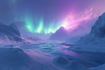 Poster - Serene arctic landscape with vibrant aurora borealis illuminating snow-covered mountains and frozen river.