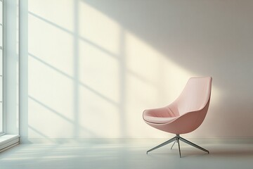 Poster - A pink armchair sits in a minimalist room bathed in sunlight, creating a serene and calm atmosphere.