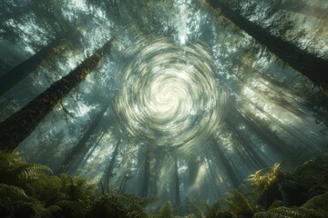 Poster - Mystical forest scene with swirling light beams creating a surreal, dreamlike atmosphere.