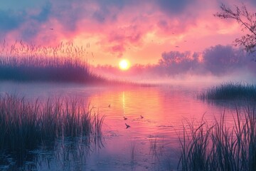 Poster - Serene sunrise over a misty lake, birds flying, tall grasses reflecting the pink and purple sky.