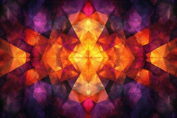 Fototapete - Abstract kaleidoscopic artwork with vibrant orange and purple geometric shapes creating a symmetrical pattern.