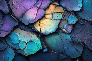 Poster - Abstract iridescent rock formation with vibrant blues, purples, and golds, showcasing a fractured, textured surface.