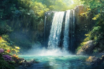 Poster - Serene waterfall cascading down lush green cliffs into a tranquil pool, surrounded by vibrant tropical flora.