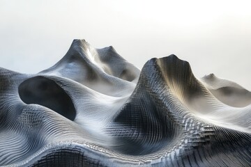 Poster - Abstract grayscale landscape, textured hills and valleys, resembling a mountainous terrain with carved details, and a foggy atmosphere.