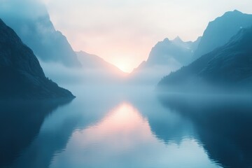 Poster - Serene sunrise over a misty fjord, reflecting tranquil mountains in still water.