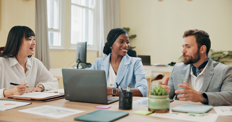 Fototapete - Laptop, meeting and business people in office, cooperation and feedback for project. Employees, conversation and group in boardroom, website info or computer with internet and support with review
