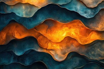 Aufkleber - Abstract artwork depicting undulating layers of teal and burnt orange, creating a mesmerizing, textured landscape.
