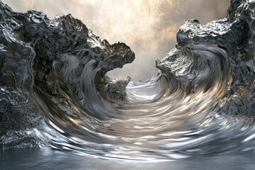 Leinwandbilder - Metallic waves crash against rocky shores, creating a surreal, otherworldly landscape.