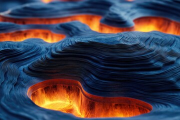 Aufkleber - Abstract volcanic landscape with layered rock formations and glowing lava pits.