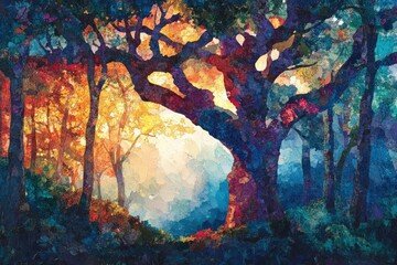 Aufkleber - A vibrant watercolor painting depicting a majestic oak tree in a mystical autumnal forest.