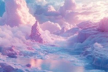 Aufkleber - Surreal pink landscape with fluffy clouds and icy mountains, a dreamy scene.