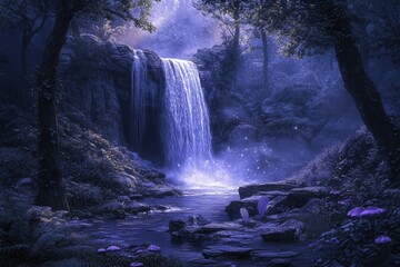 Poster - Enchanted waterfall cascading through a mystical forest at twilight, glowing with ethereal light.