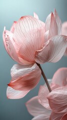 Poster - Graceful pink lotus flowers unfurl their petals in a serene moment, illuminated by gentle light that enhances their intricate details, evoking peace and harmony