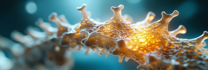 Poster - Microscopic View of Virus, Bacteria, or Cells with Spikes, Glowing Core on Blue Background