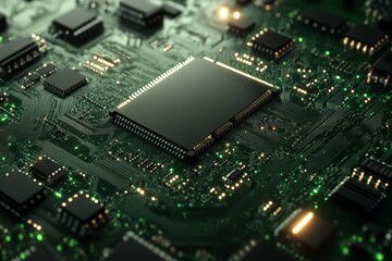 Aufkleber - Microchip circuit board with intricate details illuminated by green lights in a close-up setting