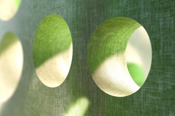 Fototapete - Unique fabric design featuring circular cutouts with natural light illuminating the textured surface in a serene indoor setting
