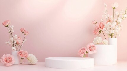 Poster - Delicate pastel-hued flowers are artistically arranged in modern white vases against a soft pink background. This serene composition invites harmony and beauty in any creative setting