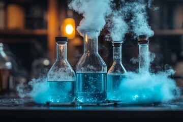 Poster - Colorful liquids in glass flasks produce vapor in a dimly lit laboratory during evening hours
