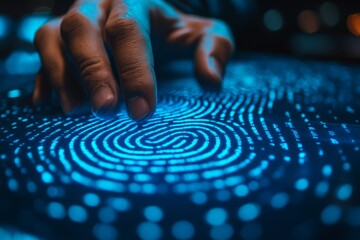 Aufkleber - Hand interacts with glowing fingerprint scanner in a dark tech environment at night