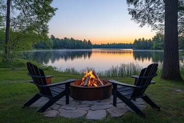 Poster - Fire burning brightly by the tranquil lake at dusk near a cozy seating area surrounded by trees