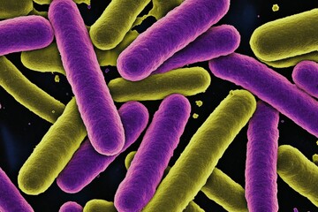 Poster - Colorful microscopic view of bacteria with vibrant purple and yellow shapes in a dark background