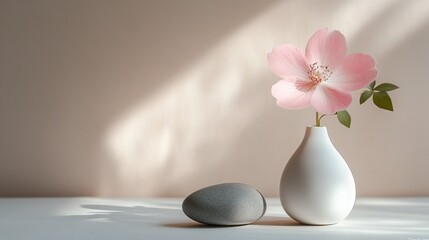 Poster - A graceful pink flower stands upright in a simple white vase, elegantly accompanied by a smooth stone. The serene composition highlights calming light and soft shadows, evoking tranquility