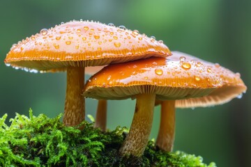 Poster - Vibrant orange mushrooms covered in raindrops grow atop lush green moss in a serene forest setting
