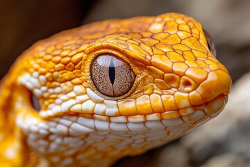Poster - Lizard with striking orange and white patterns basking in warm sunlight