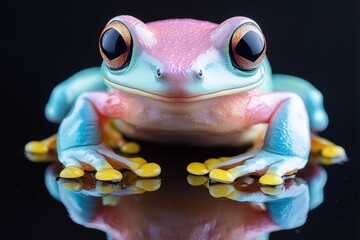 Poster - Colorful frog perched on a reflective surface showcasing vivid colors and intricate patterns in a serene setting
