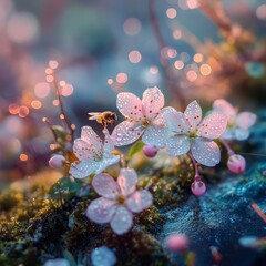 Poster - Bee and Blossoms: A Springtime Encounter, Dew-kissed Flowers Attract a Buzzing Visitor Amidst a Luminous Backdrop