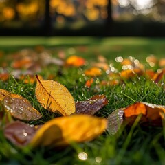 Poster - Golden Autumn: Dew-Kissed Leaves on Green Grass in the Warm Light of Fall Mornings