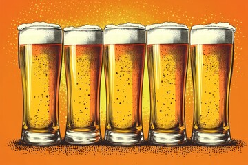 Poster - Five frosty glasses of golden beer arranged on a vibrant orange background inviting a cheerful gathering