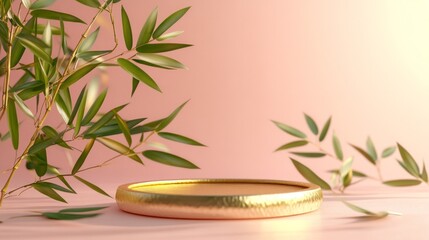 Aufkleber - A beautifully crafted golden tray rests against a soft pink backdrop, elegantly framed by lush green leaves that add a touch of nature to the serene composition