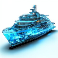 Aufkleber - Luxury Yacht Design: Blue Architectural Wireframe Concept for a Modern Superyacht Visualization
