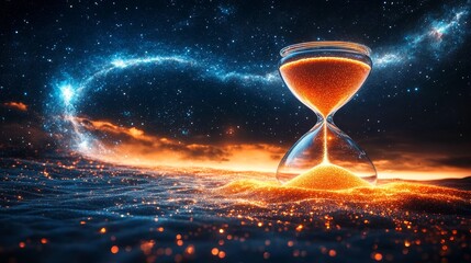Wall Mural - hourglass with glowing sand against a cosmic, starry night background. time and universe concept