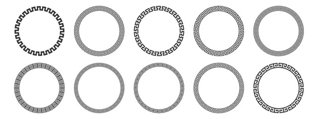 Collection of round greek key decorative vintage border frames. Circle frame with simple meander pattern. Decorative border, made of continuous lines, shaped into a seamless motif. 

