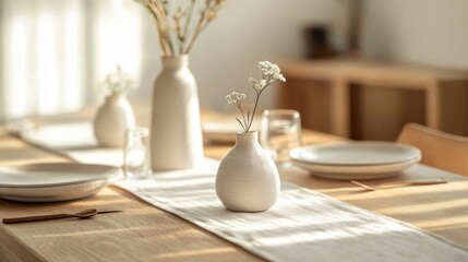 Aufkleber - In a warm and inviting dining area, a thoughtfully arranged table features simple ceramics, soft textiles, and delicate flowers, creating a calm atmosphere for shared meals