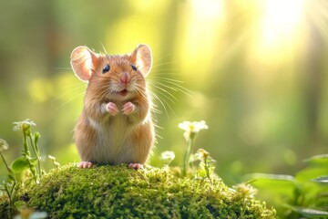 Poster - Happy mouse standing on mossy rock in a sunlit forest clearing during springtime