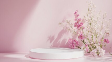 Poster - A serene display features a smooth, round platform surrounded by delicate pink flowers set against a soft pink background. Sunlight gently highlights the floral arrangement, evoking tranquility