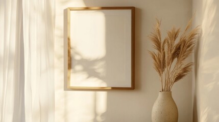 Poster - Golden light spills into a serene indoor space, highlighting a simple wooden frame on a cream wall alongside a vase holding elegant pampas grass