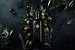 © Selsi - Dark bottle of oil surrounded by olives and leaves
