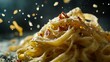 © Amelia - Carbonara fettuccine with bacon and macro selective focus