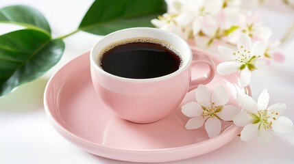 Poster - A pink coffee cup rests on a gentle pink saucer, surrounded by fresh white flowers and lush green leaves. This peaceful morning setting exudes calm and warmth