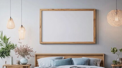 Aufkleber - A tranquil bedroom features a wooden bed with soft linens, surrounded by woven pendant lights casting a warm glow. An empty frame on the wall awaits artistic expression