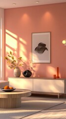 Poster - Sunlight filters through a spacious room adorned in soft peach shades. A minimalist coffee table holds a fruit bowl, while elegant decor pieces bring warmth and style to the inviting atmosphere