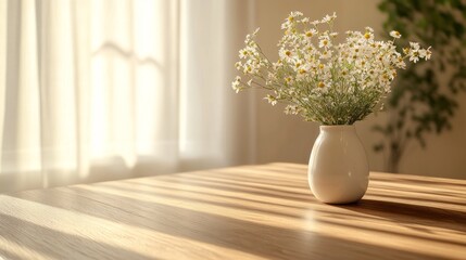 Poster - Bright sunlight filters through sheer curtains, casting gentle shadows on a wooden table. A simple white vase holds a bouquet of wildflowers, bringing a touch of nature indoors, evoking serenity