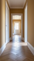Poster - A beautifully designed hallway features soft yellow walls and natural light streaming through spacious doorways, creating a serene and welcoming atmosphere in a modern residence
