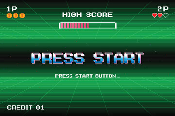 Leinwandbilder - PRESS START. press start button.pixel art. 8 bit game. retro game. for game assets. Retro Futurism Sci-Fi Background. glowing neon grid. and stars from vintage arcade computer games